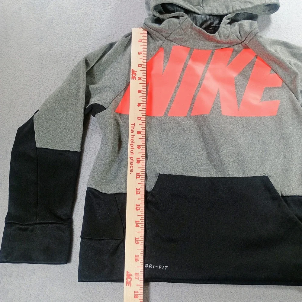 Nike Kids Dri-FIT Hoodie Grey Black Orange Size 5 Graphic Pullover
